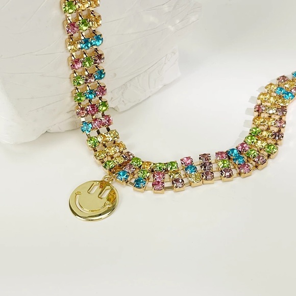 Zara Rainbow Rhinestone Smiley Charm Choker Necklaces + Chain - Picture 6 of 14